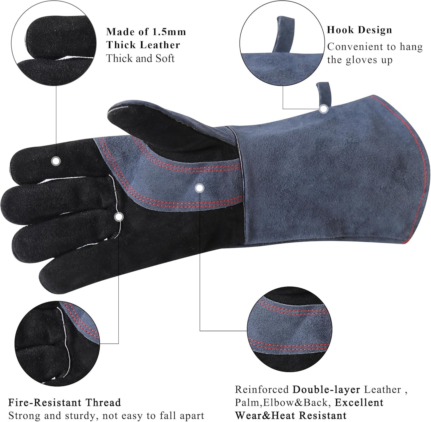 Fireplace Gloves Fire Heat Resistant: Grey 16IN 662℉- Fireproof Leather for Fireplace Fire Pit Wood Stove Campfire Furnace BBQ Grill Oven Stick Mig Welding Welder Gear - Birthday Gift for Men