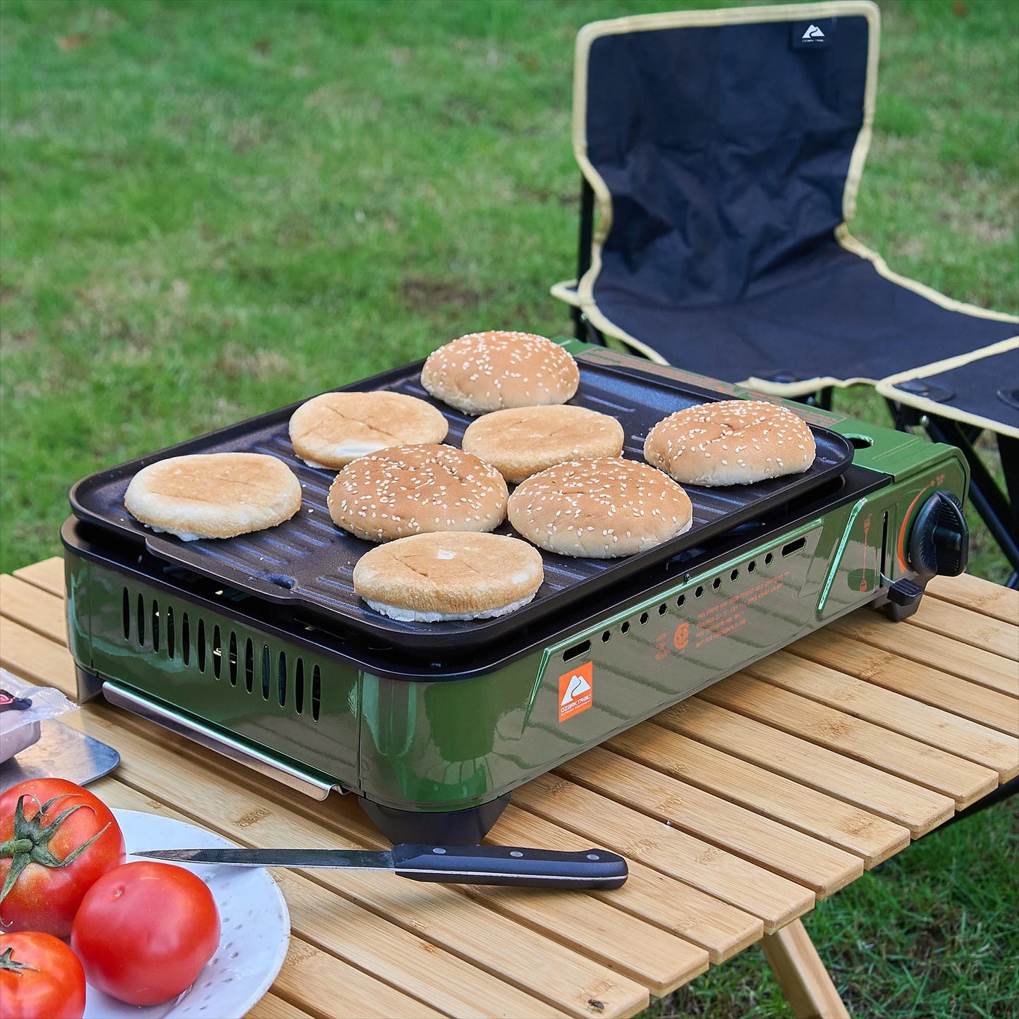 Outdoor Butane Griddle, 7650 BTU, 15"X12" Cast Aluminum Griddle Fits 4 Burgers, CSA Approved, Green Color
