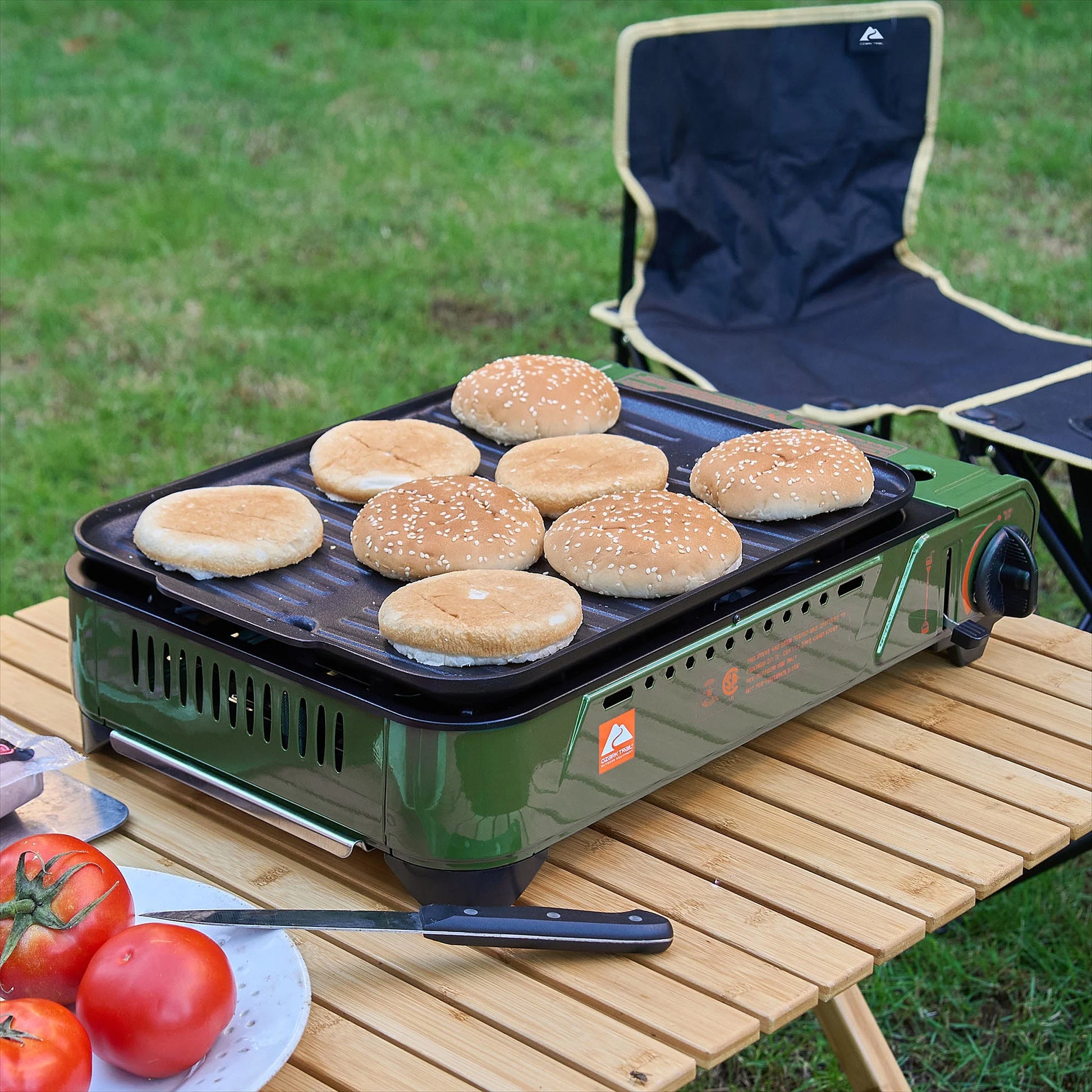 Outdoor Butane Griddle, 7650 BTU, 15"X12" Cast Aluminum Griddle Fits 4 Burgers, CSA Approved, Green Color