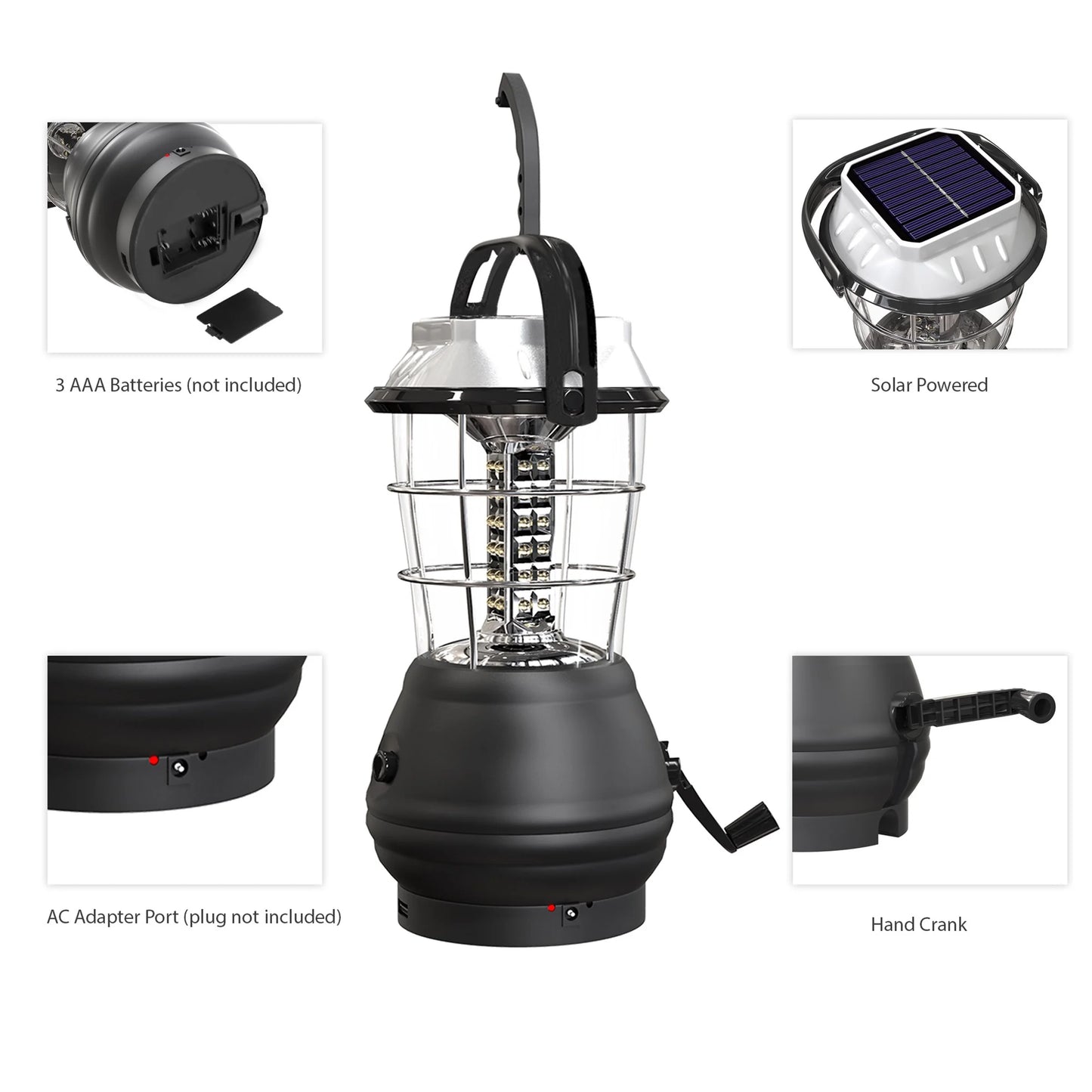 Solar Powered, Crank Dynamo, Battery Operated Lantern- 4 Ways to Power- 180 Lumen 36-LED with Adjustable Settings for Camping, Emergency by
