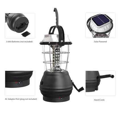 Solar Powered, Crank Dynamo, Battery Operated Lantern- 4 Ways to Power- 180 Lumen 36-LED with Adjustable Settings for Camping, Emergency by