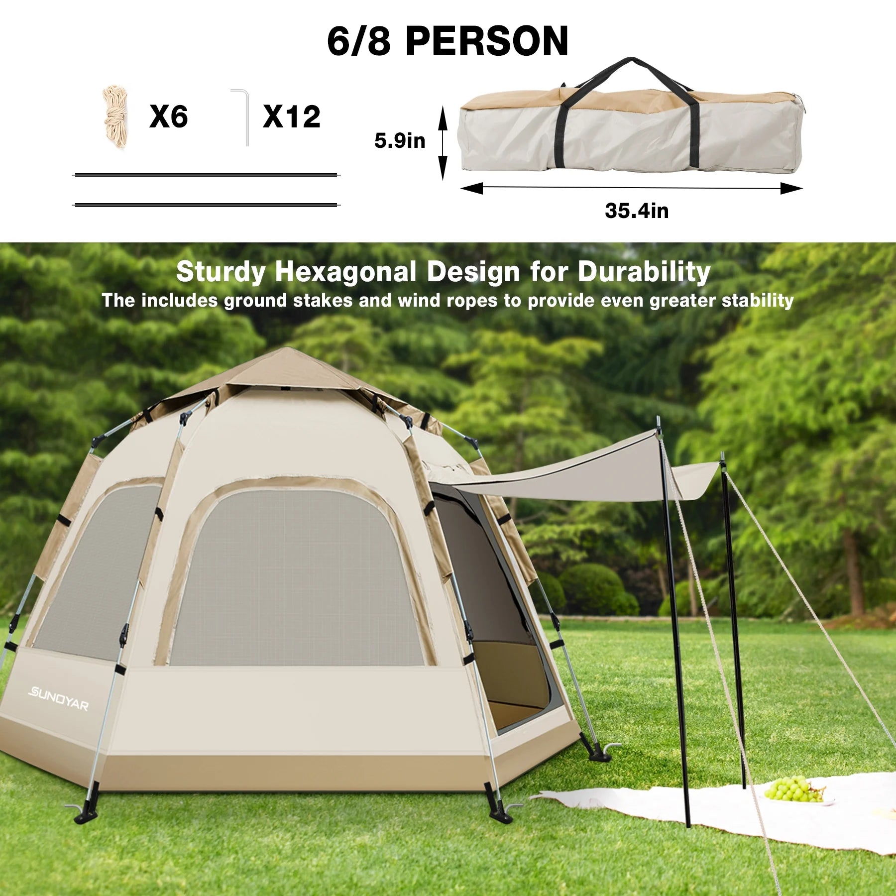 6-8 Person Tent for Camping, Camping Tent with Carry Bag, Instant Tent for Outdoor/Hiking/Traveling