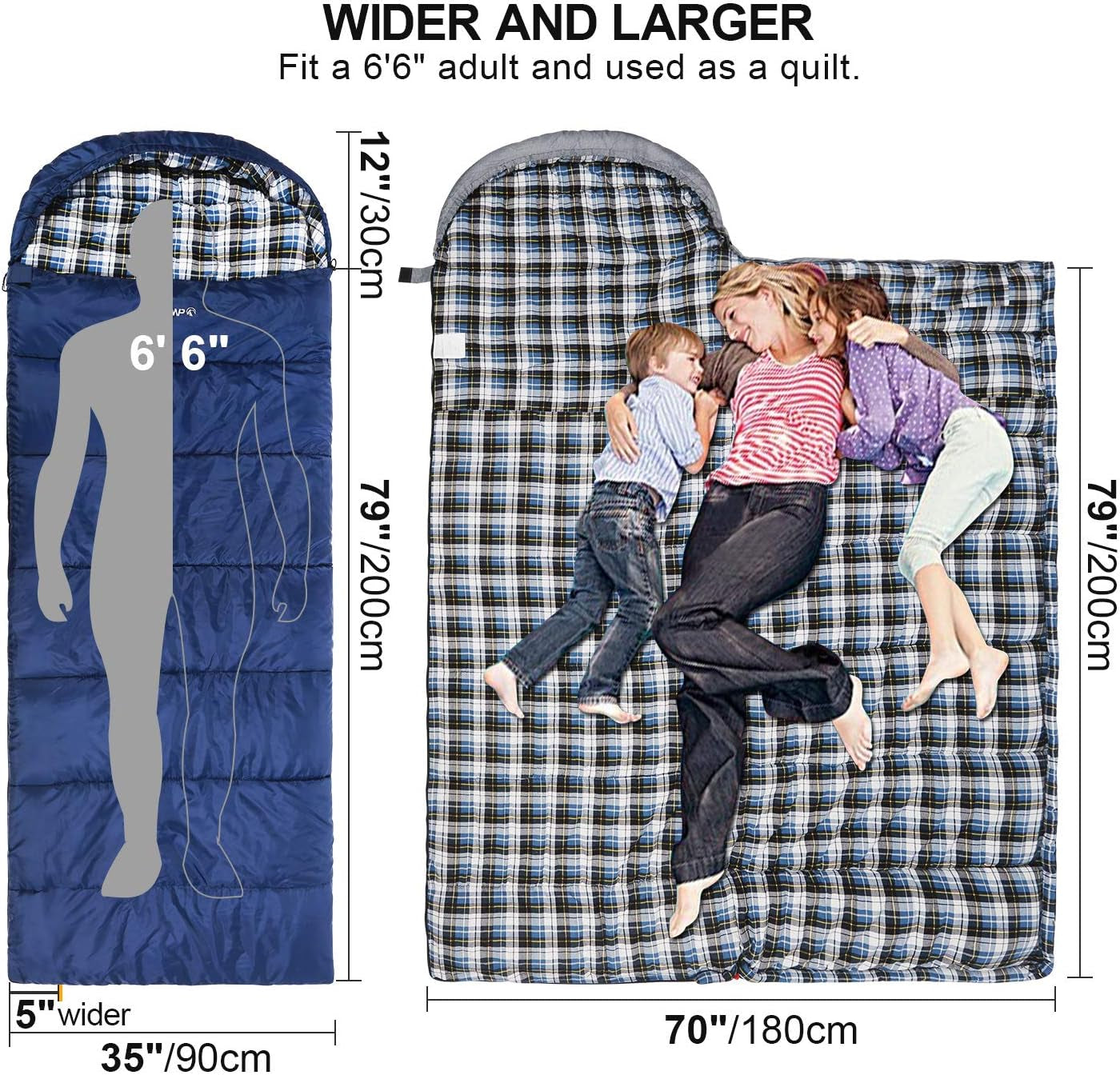 Flannel Sleeping Bag for Adults, Comfortable Cotton Sleeping Bags for Camping with Detachable Hood, Red/Grey/Blue