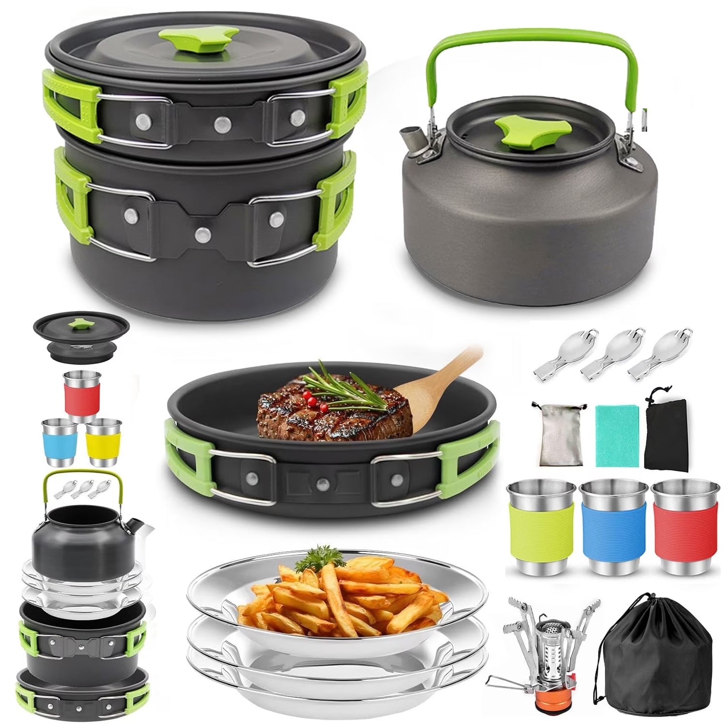 15Pcs Camping Cookware Set with Mini Stove, Aluminum Camping Cookware Kit, Folding Camping Cooking Set with Non-Stick Pot Pan Teapot Storage Bag for Camping Backpacking Outdoor Cooking Picnic