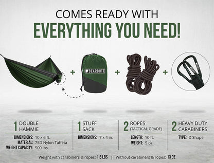 2 Person Portable Hammock - Backpacking to Camping - Double Hammock for Travel & Outdoor