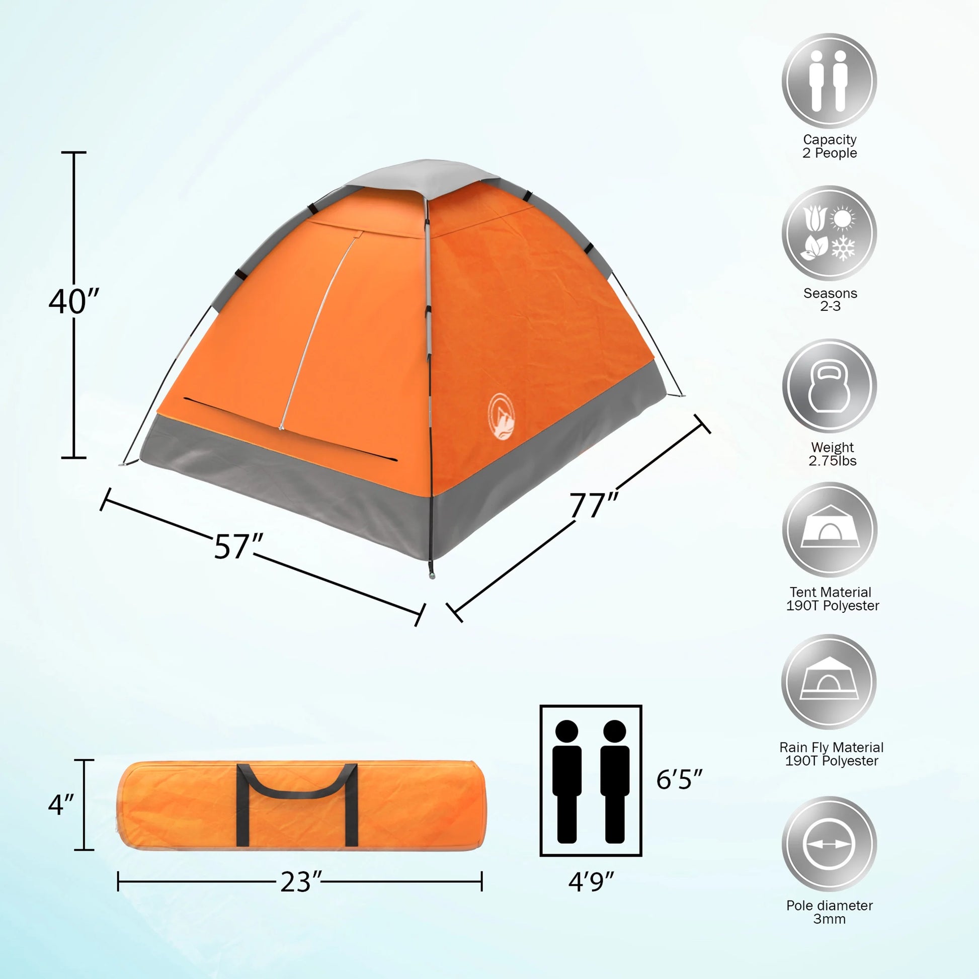 2-Person Dome Tent- Rain Fly & Carry Bag- Easy Set Up-Great for Camping Backpacking Hiking & Outdoor Music Festivals by  Outdoors (Orange)