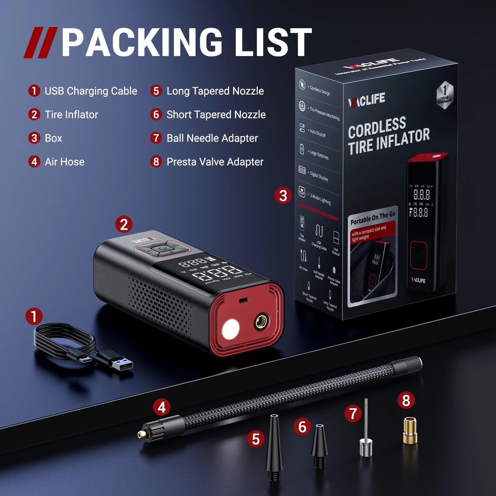 150 Psi Cordless Tire Inflator Portable Compressor, Quick Inflation, Auto Shutoff, LED Light, Accs, Red