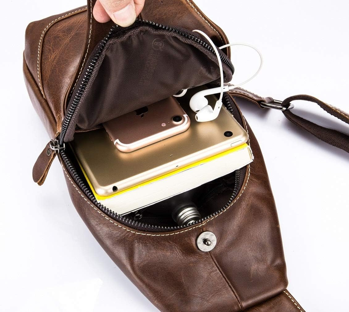 Genuine Leather Men Bags Shoulder Sling Crossbody Bag Casual Mens Chest Bag Travel Hiking Backpack(Brown)
