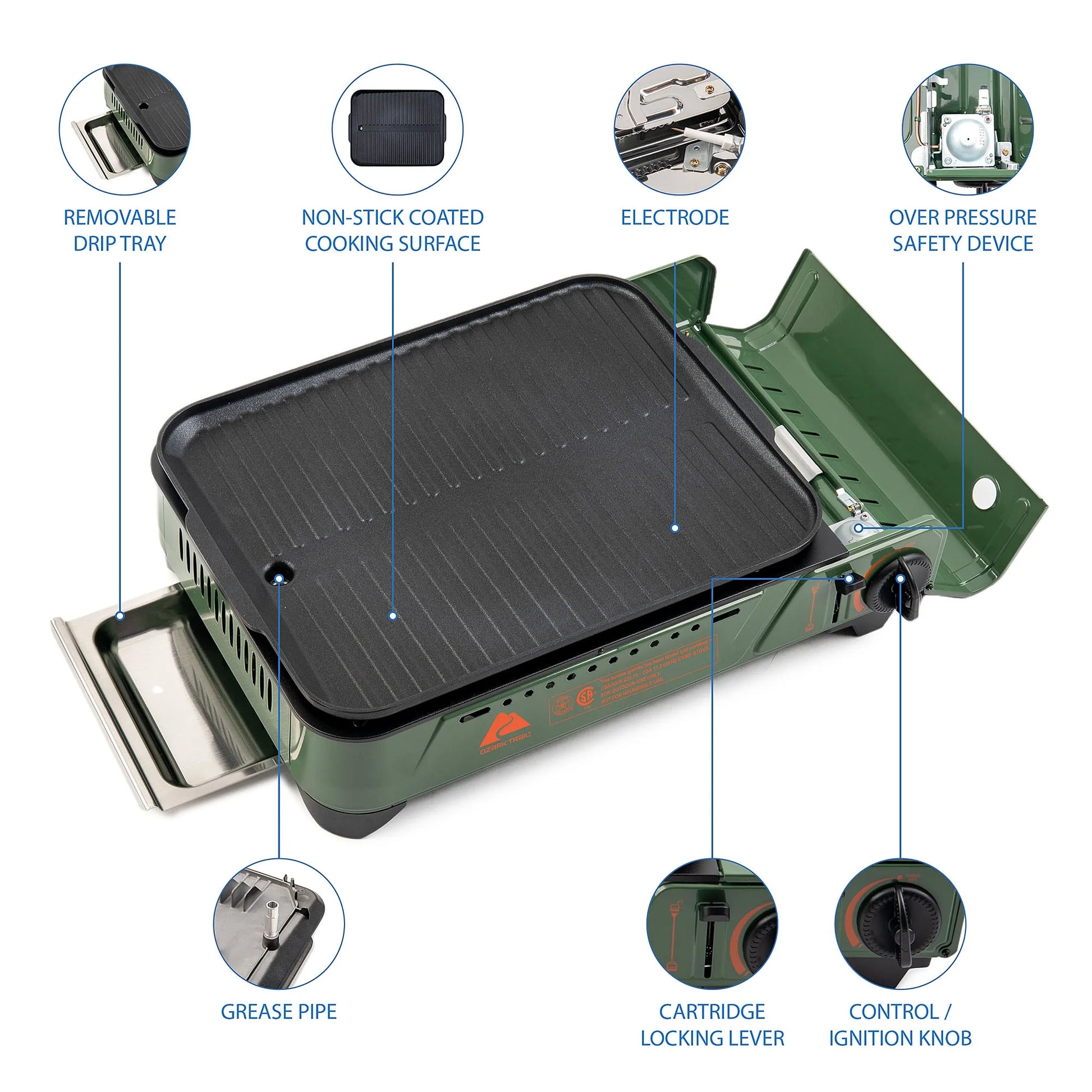 Outdoor Butane Griddle, 7650 BTU, 15"X12" Cast Aluminum Griddle Fits 4 Burgers, CSA Approved, Green Color