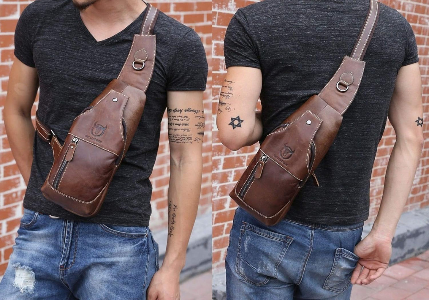 Genuine Leather Men Bags Shoulder Sling Crossbody Bag Casual Mens Chest Bag Travel Hiking Backpack(Brown)