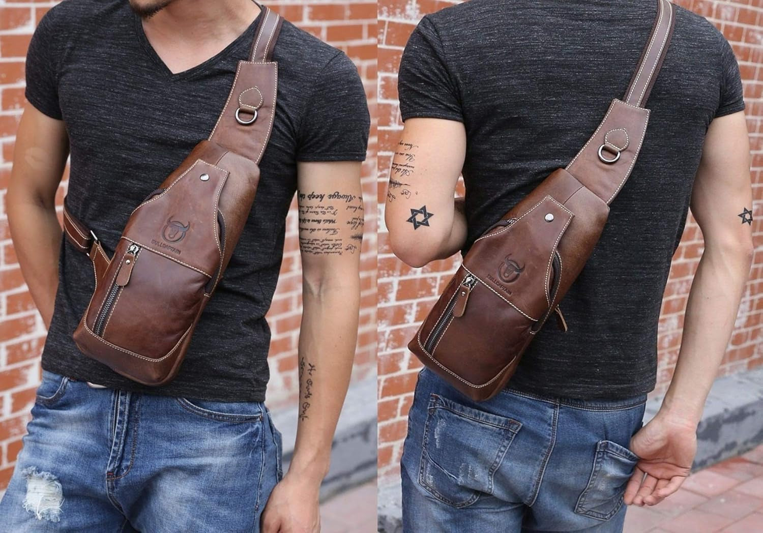 Genuine Leather Men Bags Shoulder Sling Crossbody Bag Casual Mens Chest Bag Travel Hiking Backpack(Brown)