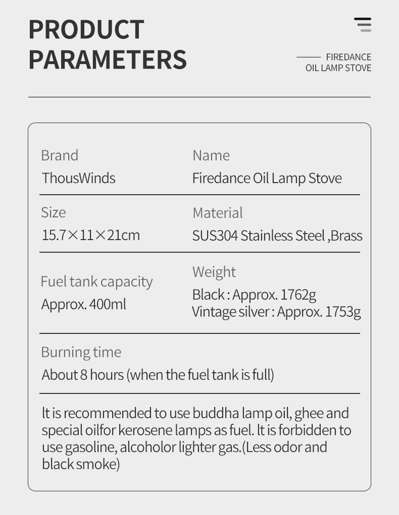 ThousWinds Firedance Oil Lamp Stove – Retro Stainless Steel Camping Lantern & Portable Cooking Stove