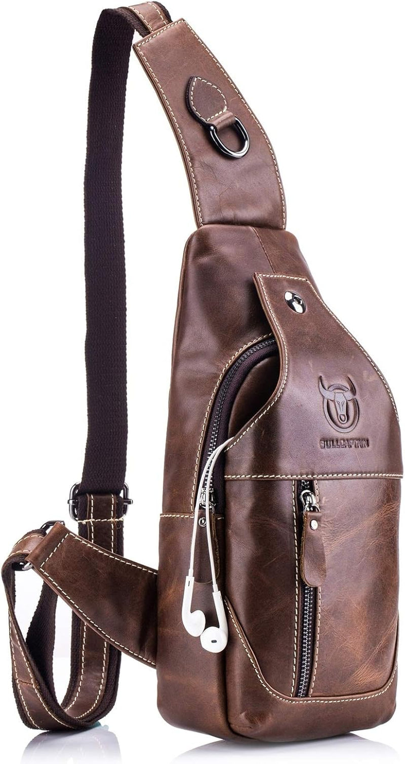 Genuine Leather Men Bags Shoulder Sling Crossbody Bag Casual Mens Chest Bag Travel Hiking Backpack(Brown)