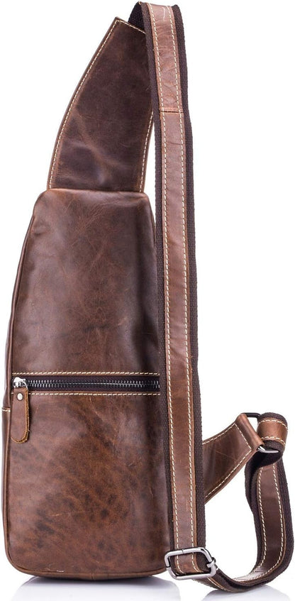 Genuine Leather Men Bags Shoulder Sling Crossbody Bag Casual Mens Chest Bag Travel Hiking Backpack(Brown)