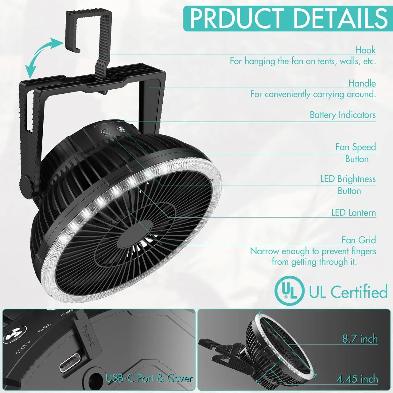 Panergy Camping Tent Fan with LED Lantern, Camp Fan Rechargeable, 10000Mah Battery Operated Fan, Max. 28H Working Time, Powerful & Quiet, Portable Fan with Hook for Tent and Emergency