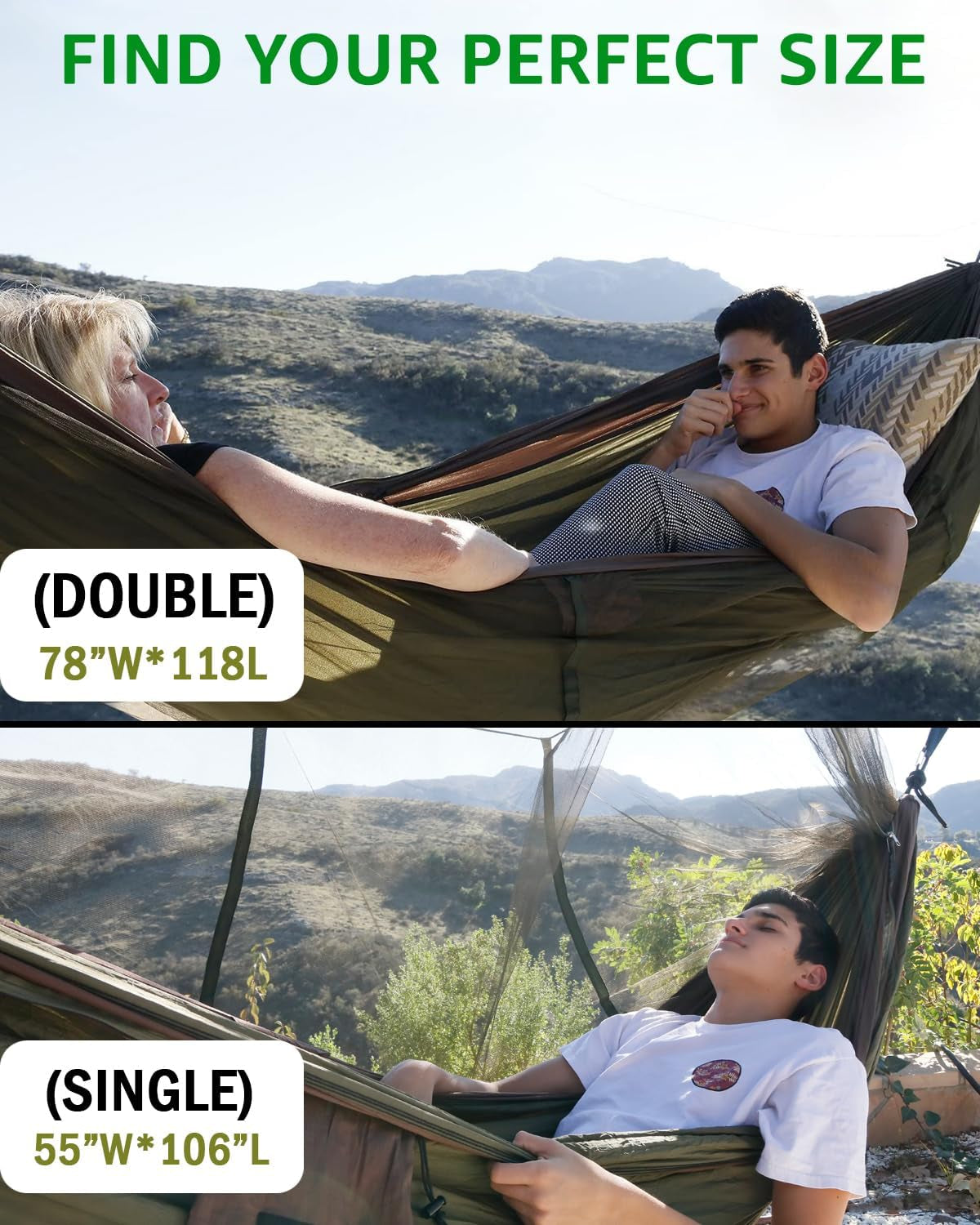 Camping Hammock, Portable Single & Double Hammock with Net, 2 Person Hammock Tent with 2 * 10Ft Straps, Best for Outdoor Hiking Survival Travel