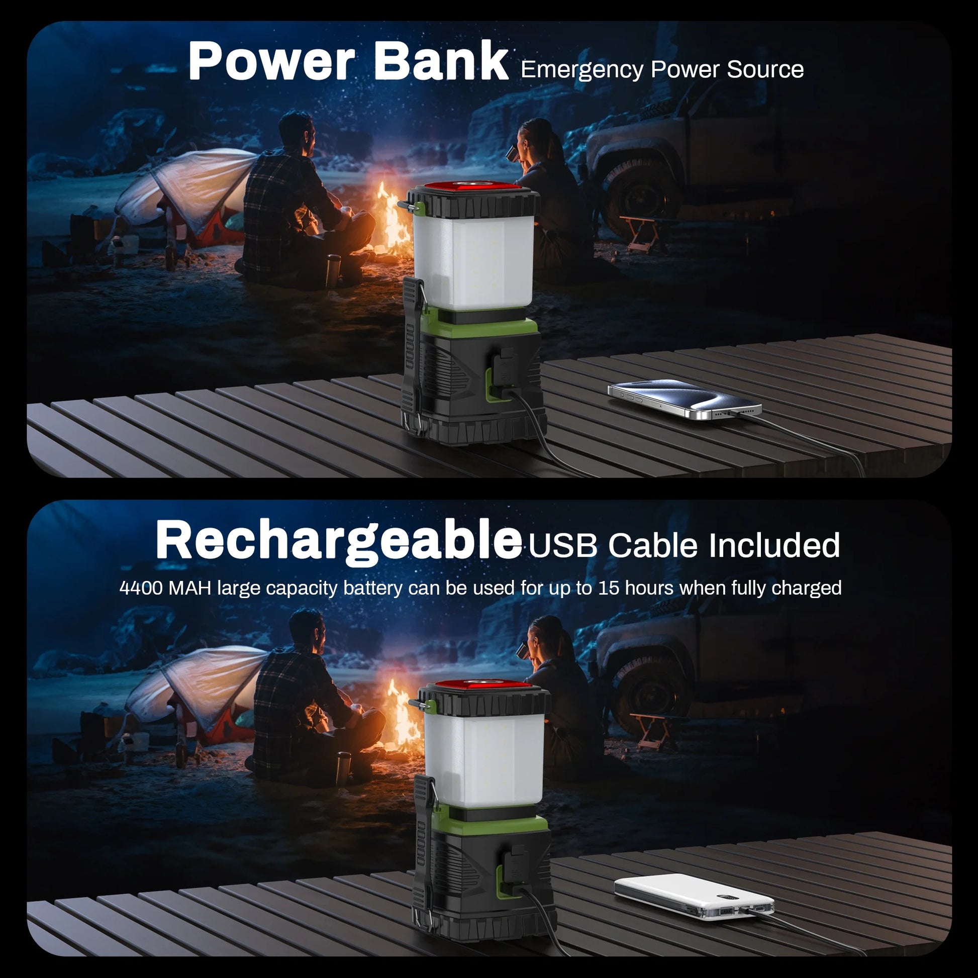 Camping Lantern Rechargeable, 1500LM 4400Mah Camping Lights with 5 Light Modes, IP44 Waterproof Flashlight for Power Outages, Emergency, Home