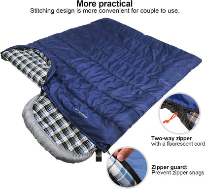 Flannel Sleeping Bag for Adults, Comfortable Cotton Sleeping Bags for Camping with Detachable Hood, Red/Grey/Blue