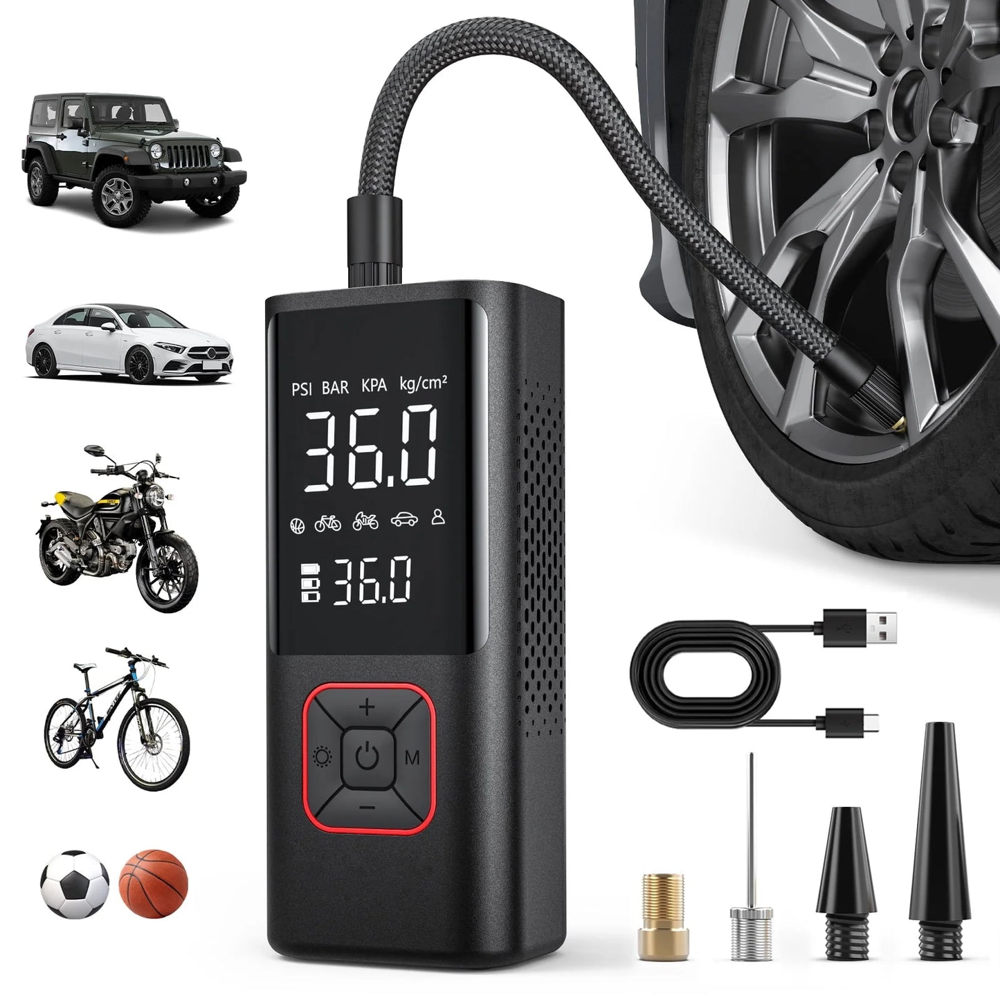 150 Psi Cordless Tire Inflator Portable Compressor, Quick Inflation, Auto Shutoff, LED Light, Accs, Red