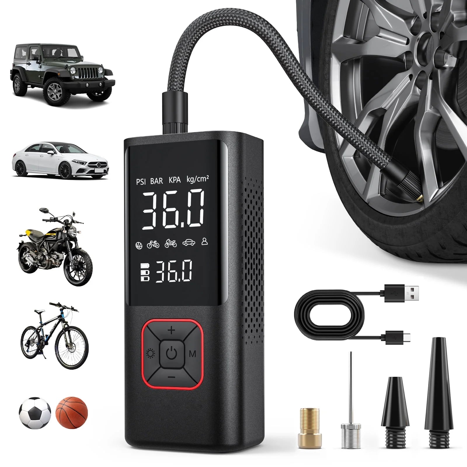 150 Psi Cordless Tire Inflator Portable Compressor, Quick Inflation, Auto Shutoff, LED Light, Accs, Red