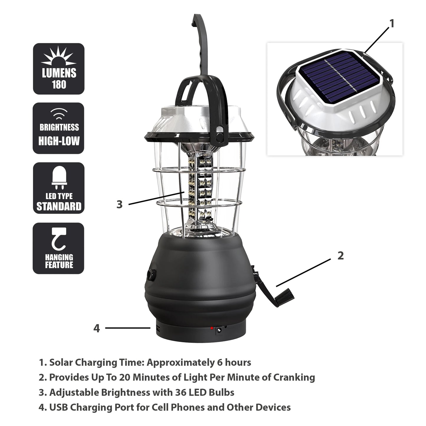 Solar Powered, Crank Dynamo, Battery Operated Lantern- 4 Ways to Power- 180 Lumen 36-LED with Adjustable Settings for Camping, Emergency by