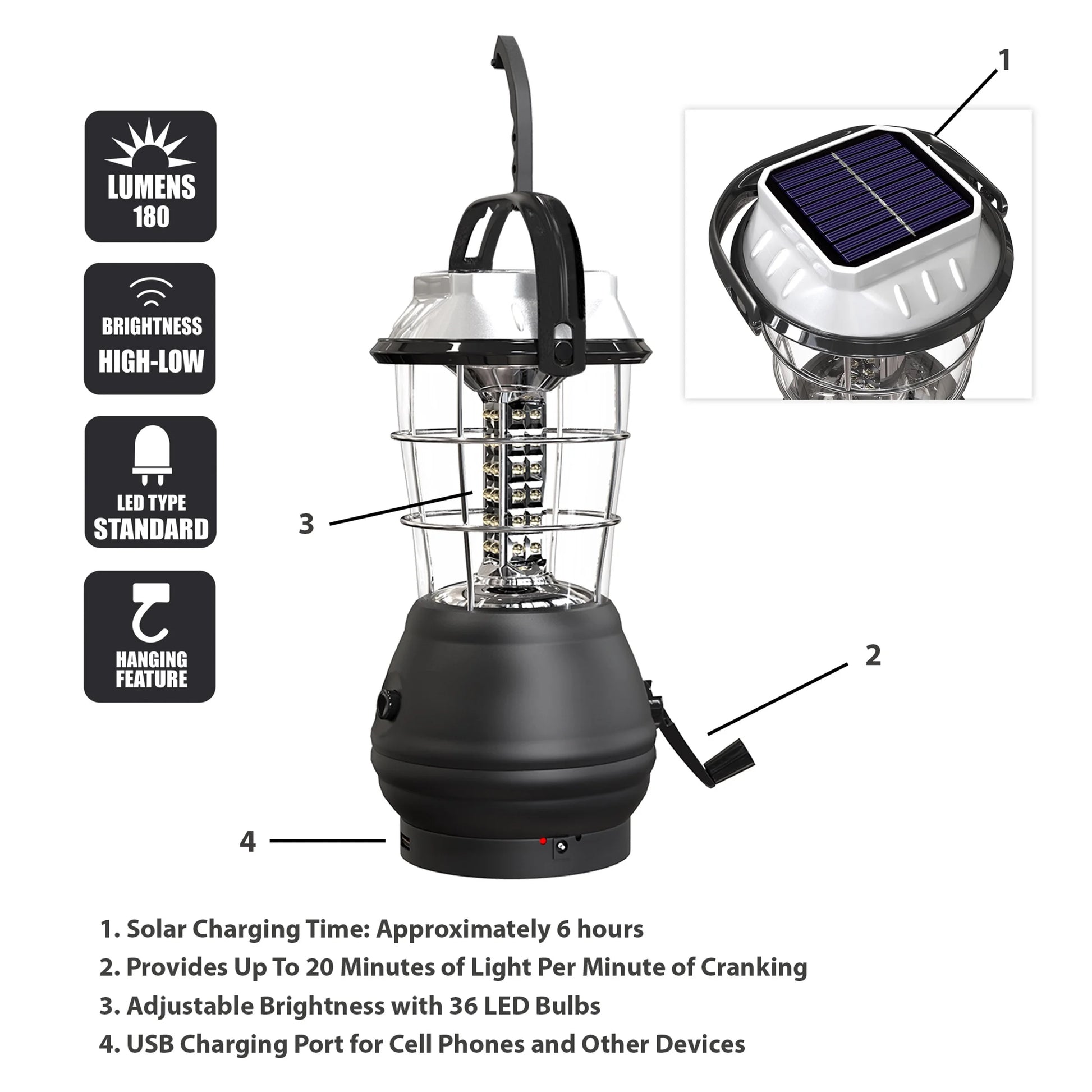Solar Powered, Crank Dynamo, Battery Operated Lantern- 4 Ways to Power- 180 Lumen 36-LED with Adjustable Settings for Camping, Emergency by