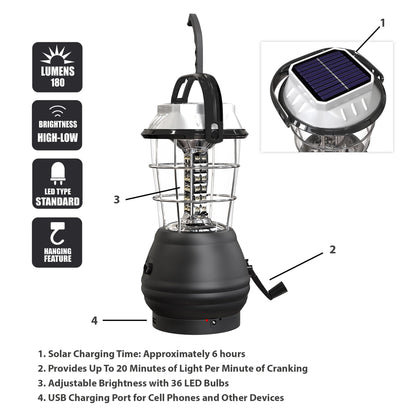 Solar Powered, Crank Dynamo, Battery Operated Lantern- 4 Ways to Power- 180 Lumen 36-LED with Adjustable Settings for Camping, Emergency by