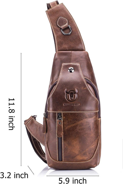 Genuine Leather Men Bags Shoulder Sling Crossbody Bag Casual Mens Chest Bag Travel Hiking Backpack(Brown)