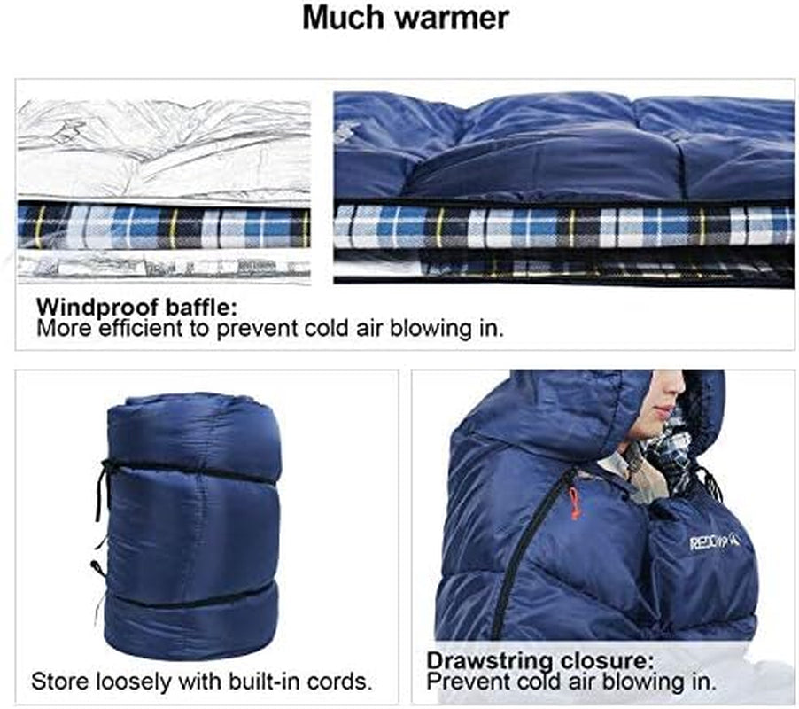 Flannel Sleeping Bag for Adults, Comfortable Cotton Sleeping Bags for Camping with Detachable Hood, Red/Grey/Blue