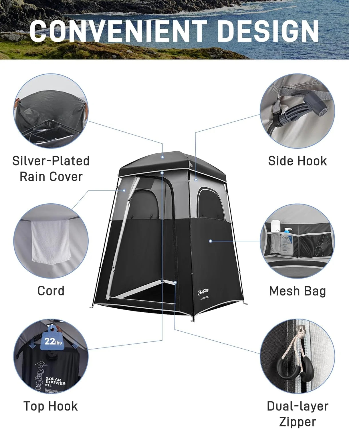 Shower Tent, Portable Camping Bathroom Tent with 5 Gallon Solar Heated Bag, Outdoor Privacy Changing Room Tent, Privacy Shelter for Toilet, Dressing Outdoor Camping, Hiking