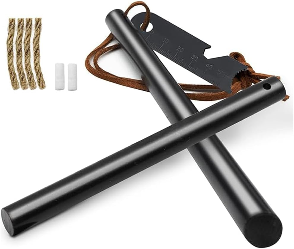 Fire Starter Survival Tool, Ferro Rod Kit with Leather Neck Lanyard and Multi-Tool Striker, Flint and Steel Survival Igniter with Tinder Rope and Tab for Camping, Hiking and Emergency