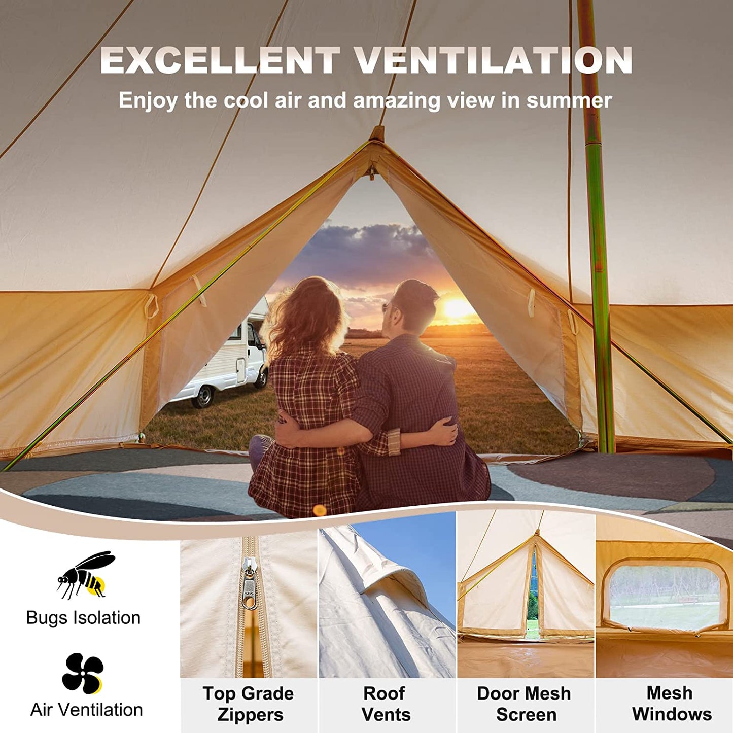 Canvas Bell Tent - 4 Seasons Breathable 100% Cotton Canvas Yurt - W/Stove Jack, Luxury Glamping Tent Waterproof for Family Camping, Hunting, Party