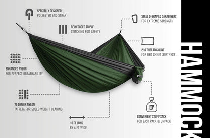 2 Person Portable Hammock - Backpacking to Camping - Double Hammock for Travel & Outdoor