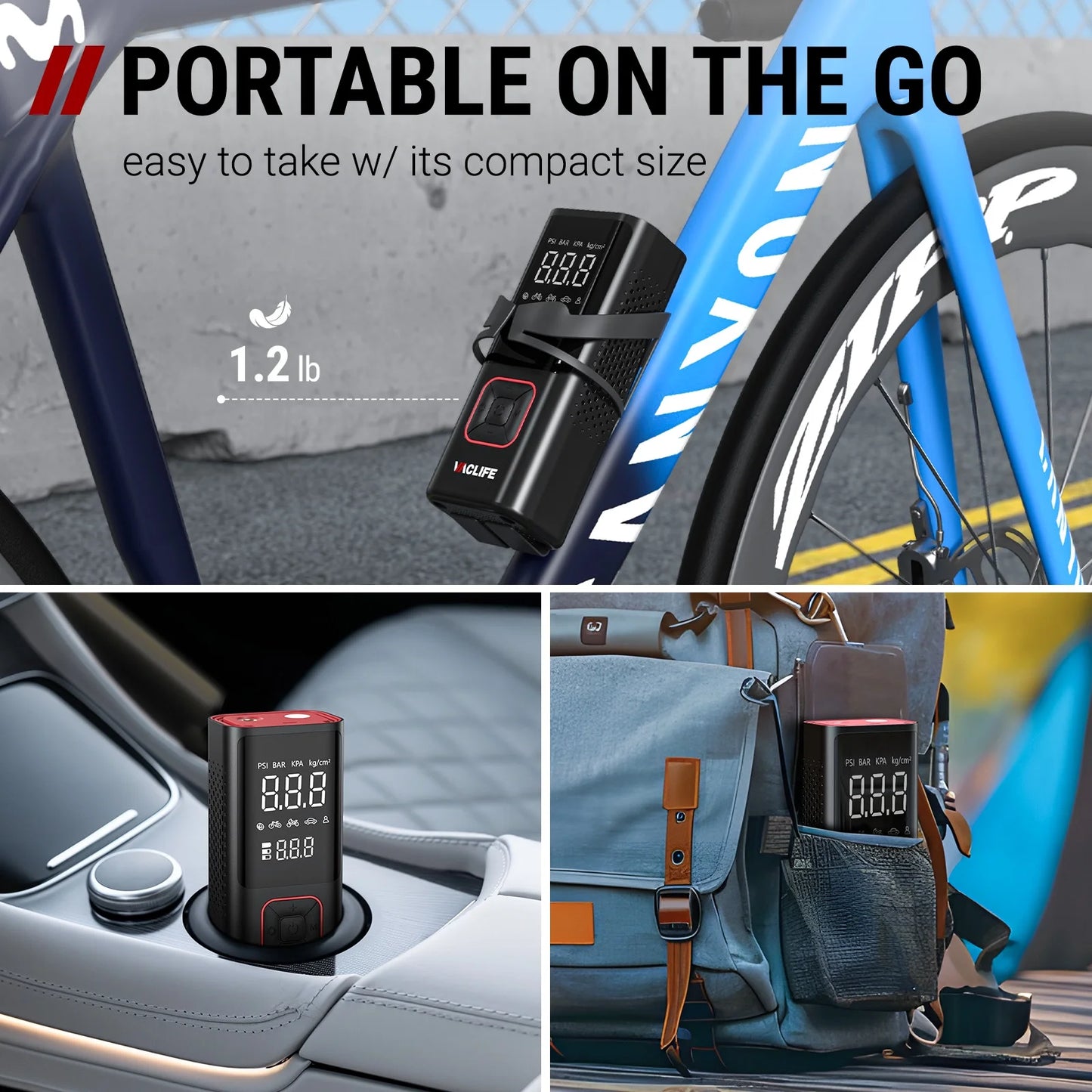 150 Psi Cordless Tire Inflator Portable Compressor, Quick Inflation, Auto Shutoff, LED Light, Accs, Red