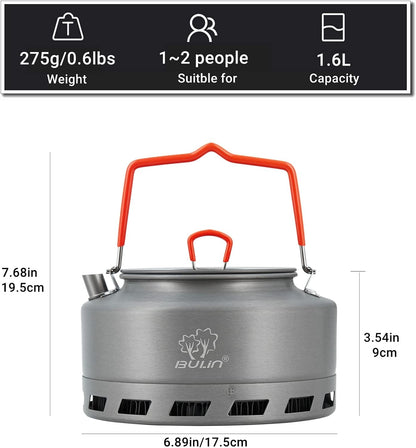 Camping Kettle 1.6L Heat Exchange Camp Tea Coffee Pot Lightweight Outdoor Hiking Gear Portable Teapot