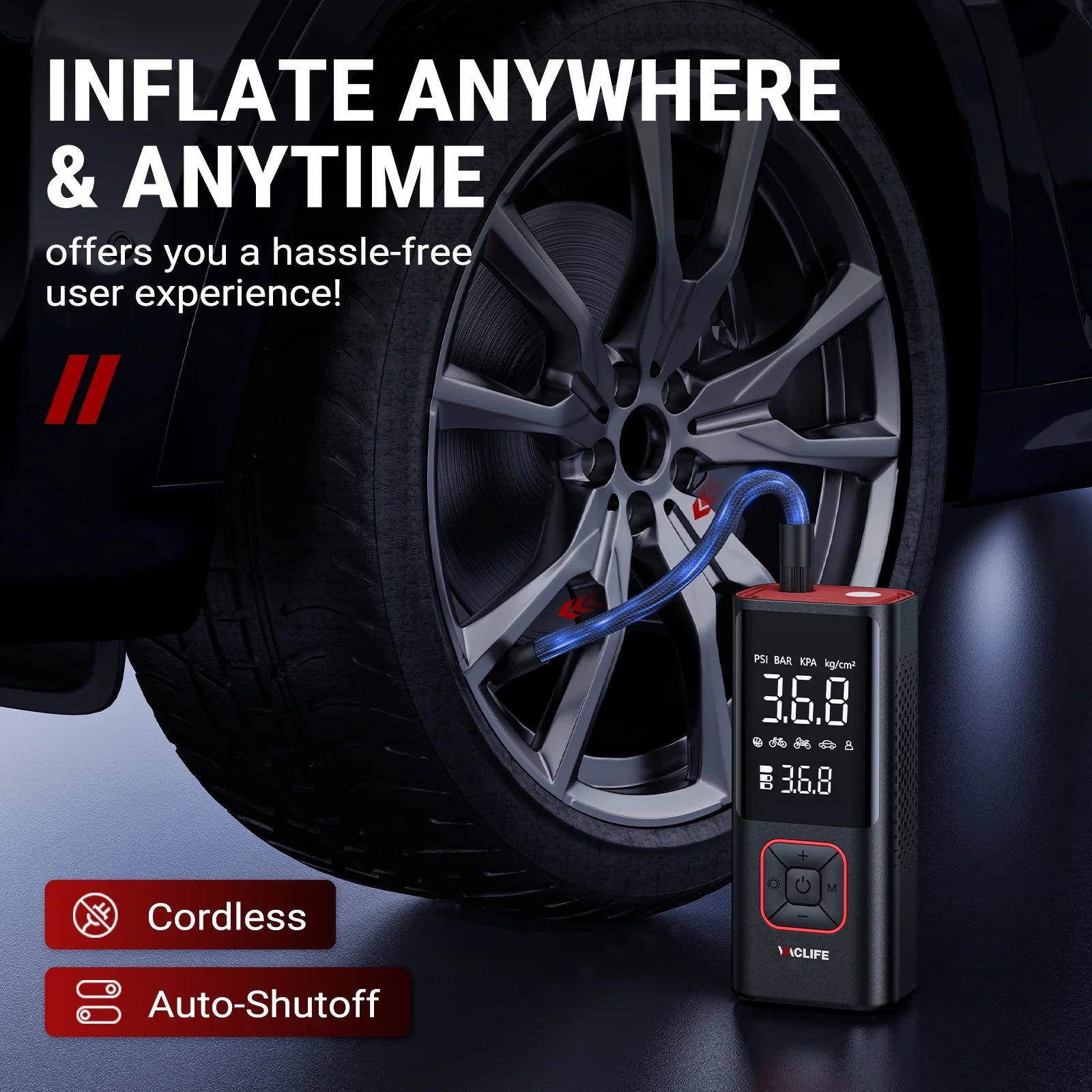 150 Psi Cordless Tire Inflator Portable Compressor, Quick Inflation, Auto Shutoff, LED Light, Accs, Red