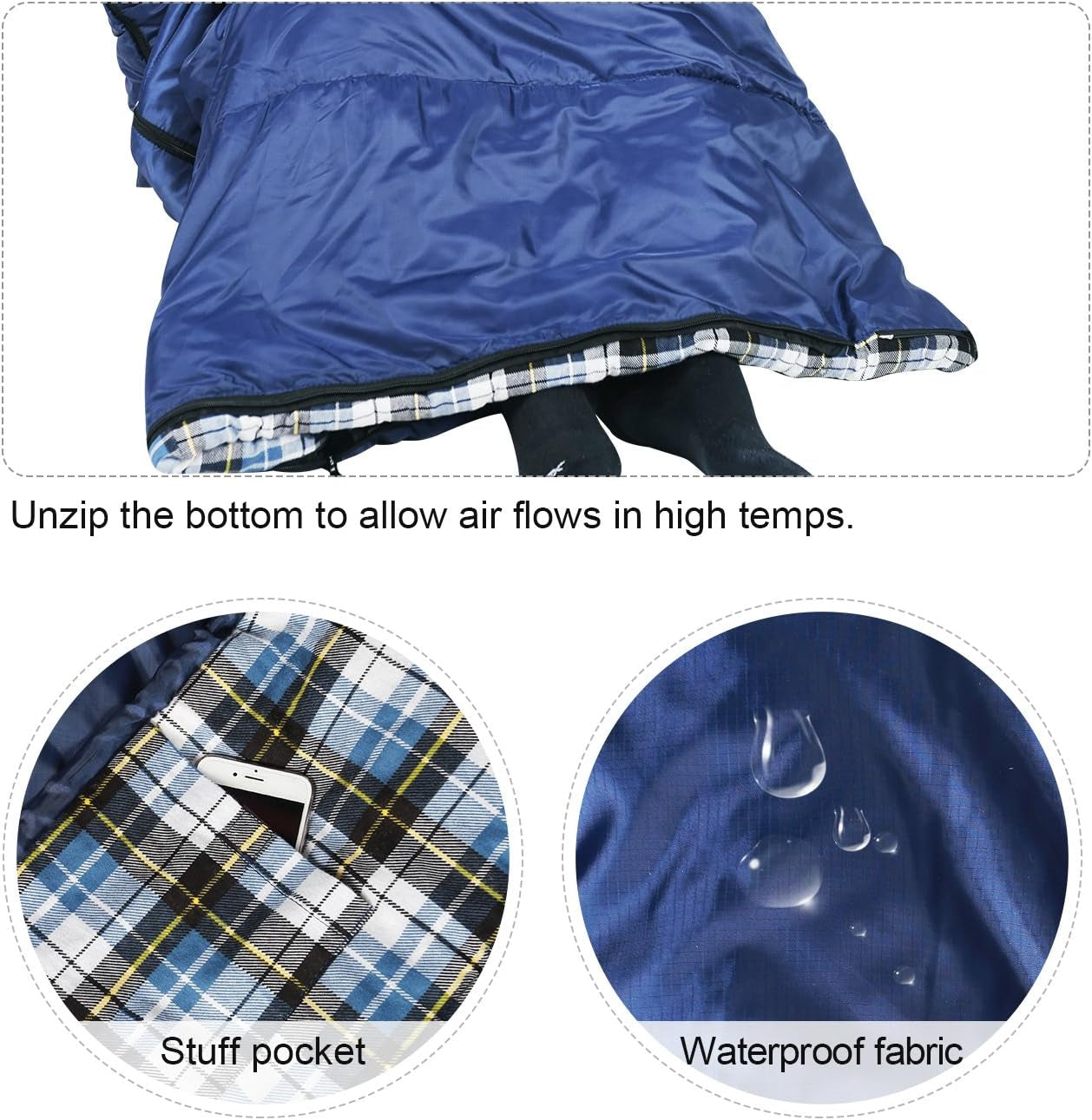 Flannel Sleeping Bag for Adults, Comfortable Cotton Sleeping Bags for Camping with Detachable Hood, Red/Grey/Blue