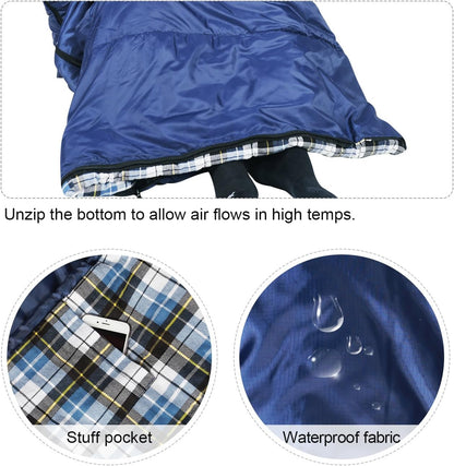 Flannel Sleeping Bag for Adults, Comfortable Cotton Sleeping Bags for Camping with Detachable Hood, Red/Grey/Blue
