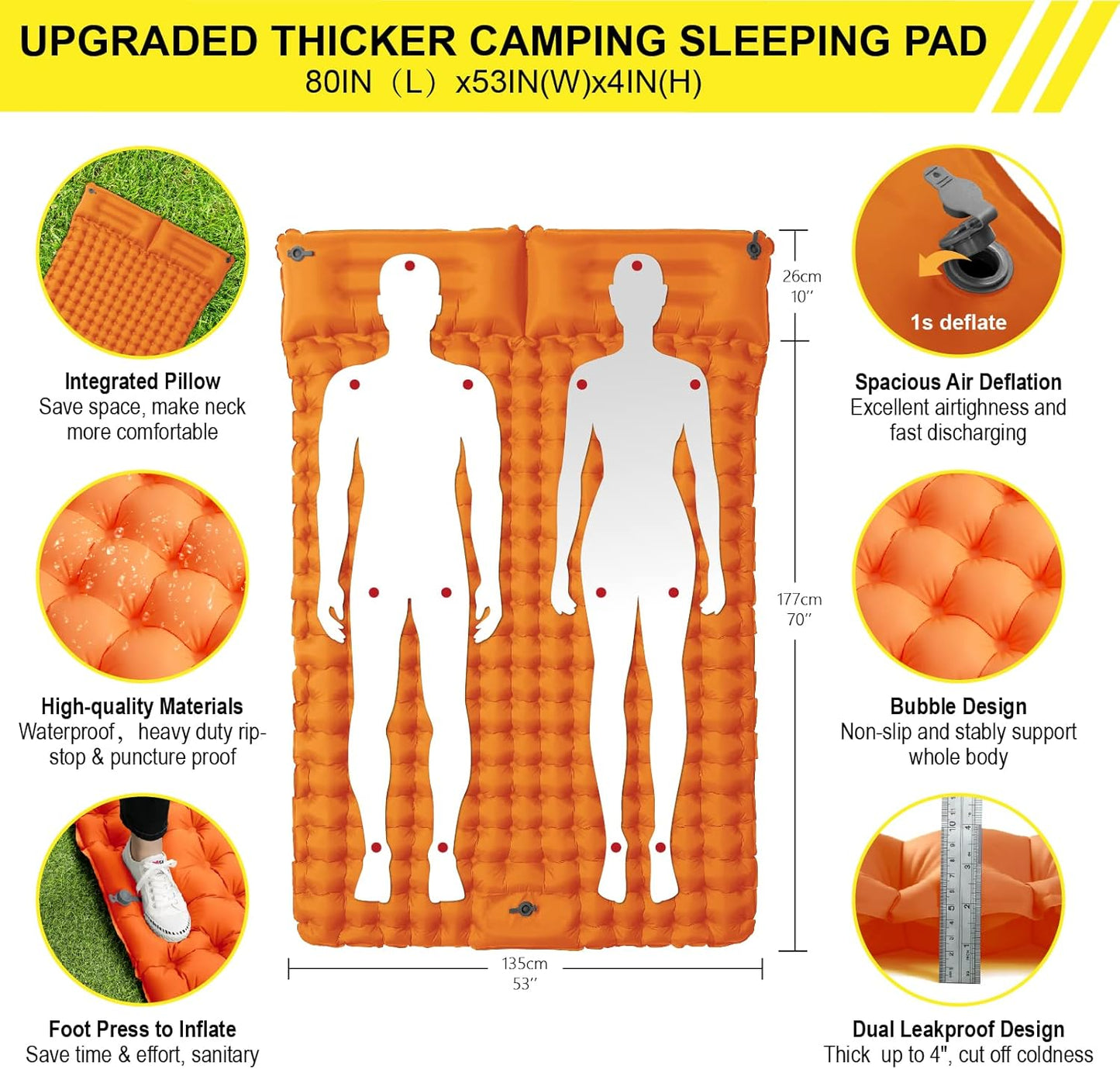 Double Sleeping Pad for Camping Inflatable 2 Person Sleeping Mat with Built-In Pump, Foot Press Ultralight Extra Thick Camping Mat with Pillow for Backpacking, Traveling, Hiking, Durable & Waterproof…