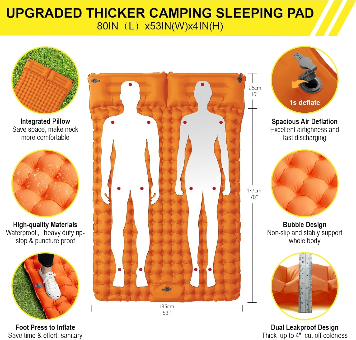 Double Sleeping Pad for Camping Inflatable 2 Person Sleeping Mat with Built-In Pump, Foot Press Ultralight Extra Thick Camping Mat with Pillow for Backpacking, Traveling, Hiking, Durable & Waterproof…