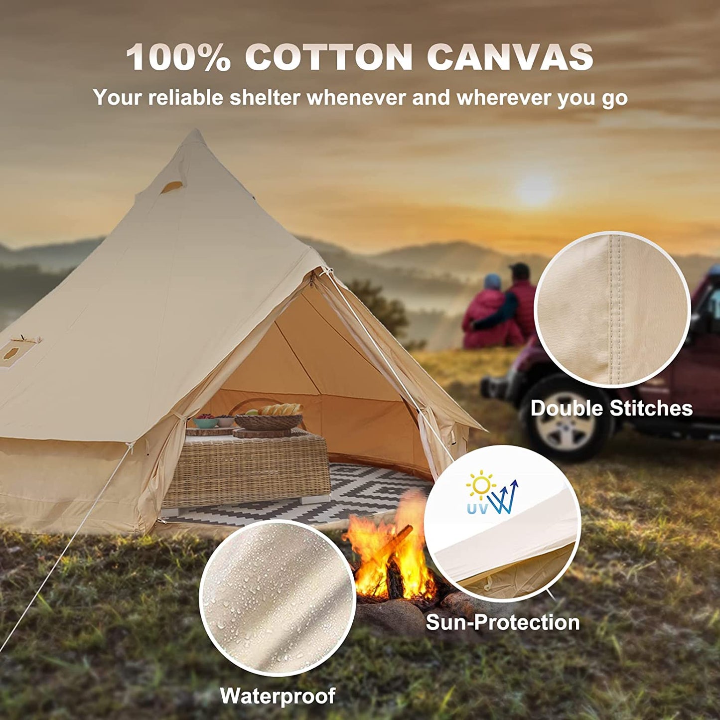 Canvas Bell Tent - 4 Seasons Breathable 100% Cotton Canvas Yurt - W/Stove Jack, Luxury Glamping Tent Waterproof for Family Camping, Hunting, Party