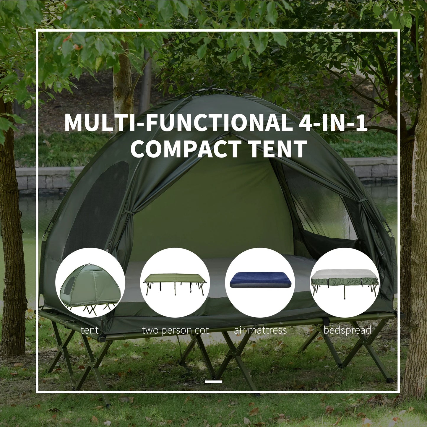 2 Person Foldable Camping Cot with Tent, Bedspread, Air Mattress