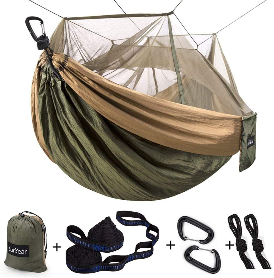 Camping Hammock, Portable Single & Double Hammock with Net, 2 Person Hammock Tent with 2 * 10Ft Straps, Best for Outdoor Hiking Survival Travel