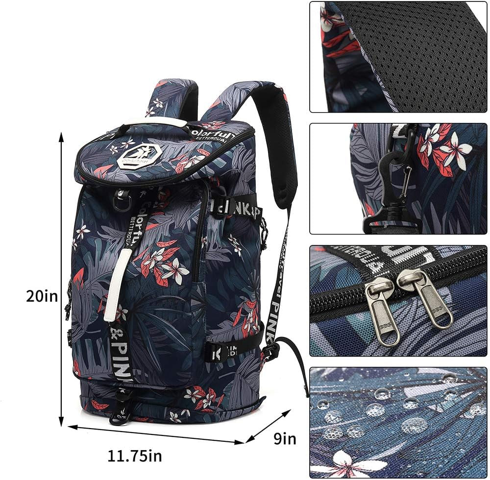 Floral Gym Duffle Bag Backpack 4 Ways for Women Waterproof with Shoes Compartment for Travel Sport Hiking Laptop Lightweight